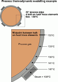The pipe&#8217;s wall temperature decreases as the distance from the heat element increases, until a minimum of 132°C is reached
